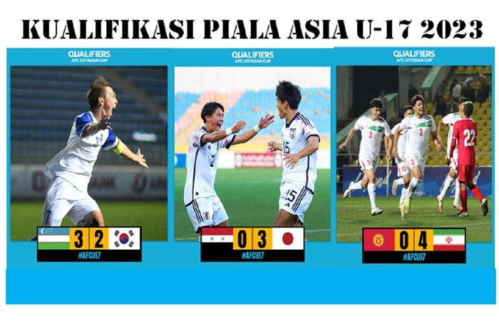 Para pemain Timnas U-17 Uzbekistan, Jepang, dan Iran menikmati kemenangan atas lawan masing-masing dalam Kualifikasi Piala Asia U-17 2023, 7 Oktober 2022.