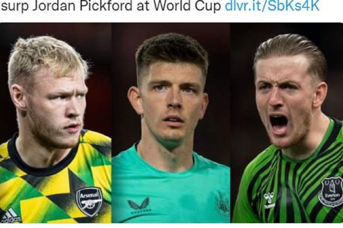 Tiga kiper timnas Inggris, (dari kiri) Aaron Ramsdale, Nick Pope, dan Jordan Pickford.