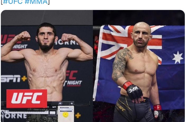 Montase raja kelas ringan UFC, Islam Makhachev (kiri), dan raja kelas bulu, Alexander Volkanovski (kanan).