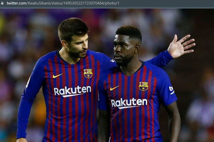 Gerard Pique dan Samuel Umtiti saat masih sama-sama membela Barcelona.