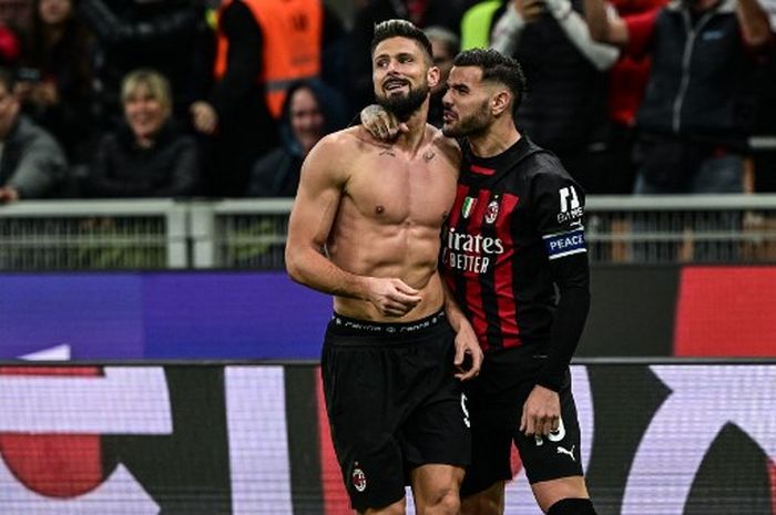 Olivier Giroud mencetak gol untuk AC Milan ke gawang Spezia dalam giornata 13 Liga Italia 2022-2023 di Stadion San Siro, Sabtu (5/11/2022).