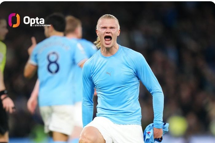 Pemain Manchetser City, Erling Haaland, melakukan selebrasi usai mencetak gol ke gawang Fulham dalam lanjutan Liga Inggris 2022-2023, Sabtu (5/11/2022)