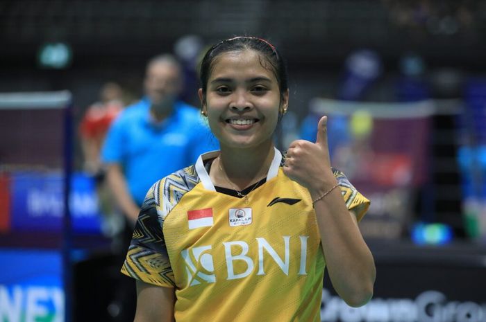 Aksi pebulu tangkis tunggal putri Indonesia, Gregoria Mariska Tunjung, pada babak perempat final Australian Open 2022 di Quay Centre, Sydney, Kamis, 18 November 2022