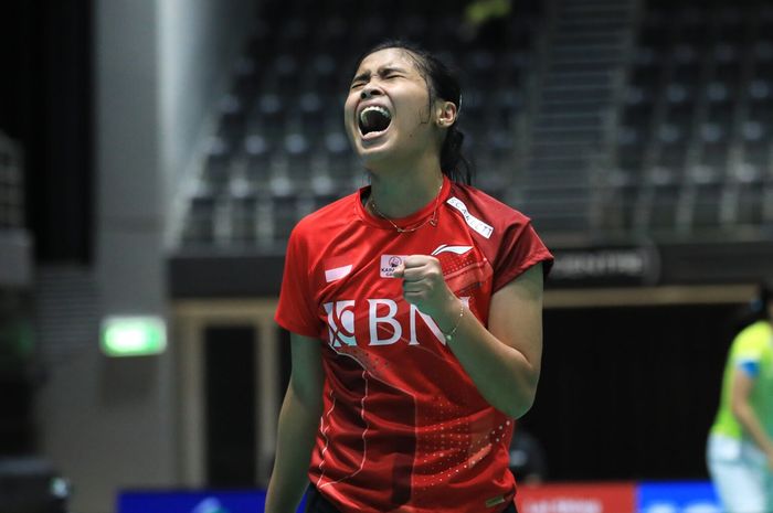 Pebulu tangkis tunggal putri Indonesia, Gregoria Mariska Tunjung, pada babak semifinal Australian Open 2022 di Quay Centre, Sydney, Australia, Sabtu (19/11/2022).