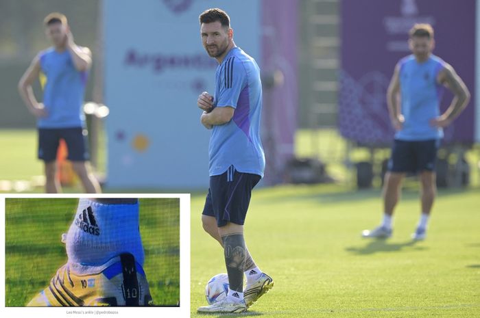 Lionel Messi dalam sesi latihan jelang laga Piala Dunia 2022 antara timnas Argentina vs Arab Saudi di Qatar University Training Centre (21/11/2022). Inset: Mata kaki Messi yang diduga membengkak.