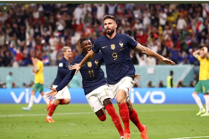 Selebrasi penyerang timnas Prancis, Olivier Giroud, usai menjebol gawang timnas Australia di Piala Dunia 2022