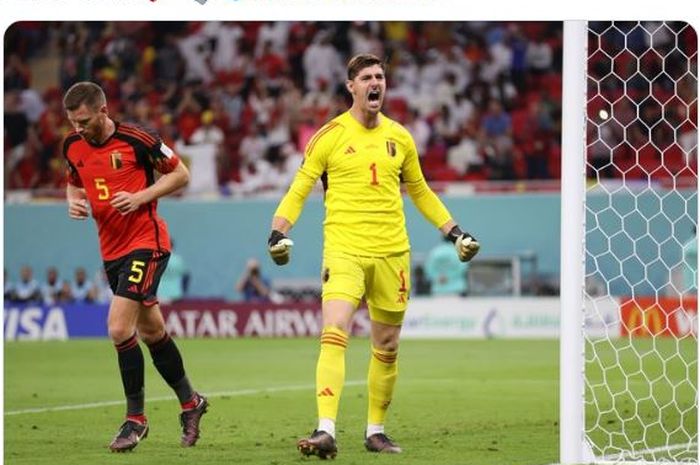 Ekspresi kiper Timnas Belgia, Thibaut Courtois, usai menggagalkan tendangan penalti pemain Timnas Kanada Alphonso Davies di laga Grup F Piala Dunia 2022.