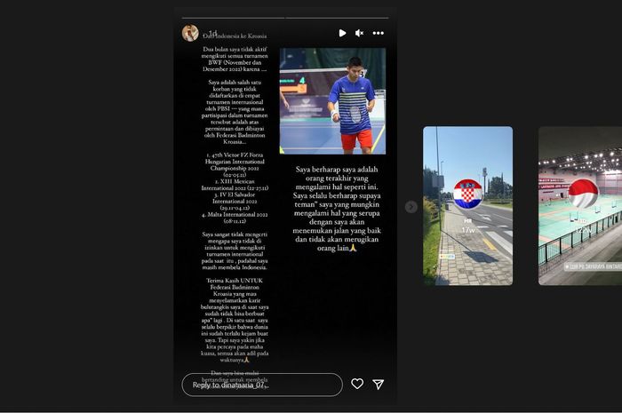Postingan pebulu tangkis tunggal putra Indonesia, Aria Dinata yang memilih bela Kroasia mulai tahun depan
