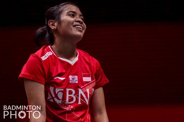 Ekspresi Gregoria Mariska Tunjung usai mengalahkan wakil China Chen Yu Fei pada laga pertama babak penyisihan grup BWF World Tour Finals 2022, Rabu (7/12/2022)