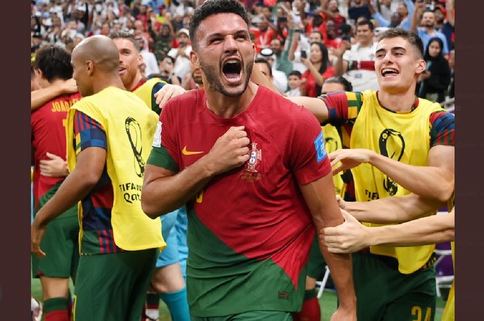 Selebrasi Goncalo Ramos usai berhasil mencetak gol untuk Portugal saat bertanding melawan Swiss di babak 16 besar Piala Dunia 2022.