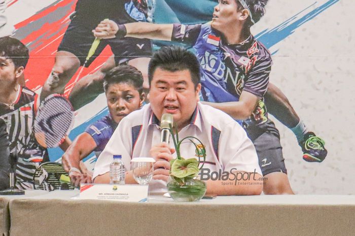 Ketua Panitia Pelaksana Indonesia Masters 2023, Arman Darmadji, saat konferensi pers penyelenggaraan Indonesia Masters 2023 di kawasan Mega Kuningan, Jakarta Selatan, Rabu (7/12/2022).