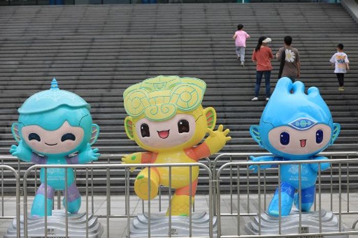 Maskot Asian Games 2022 terlihat di Hangzhou, di provinsi Zhejiang timur China pada 8 Mei 2022. 