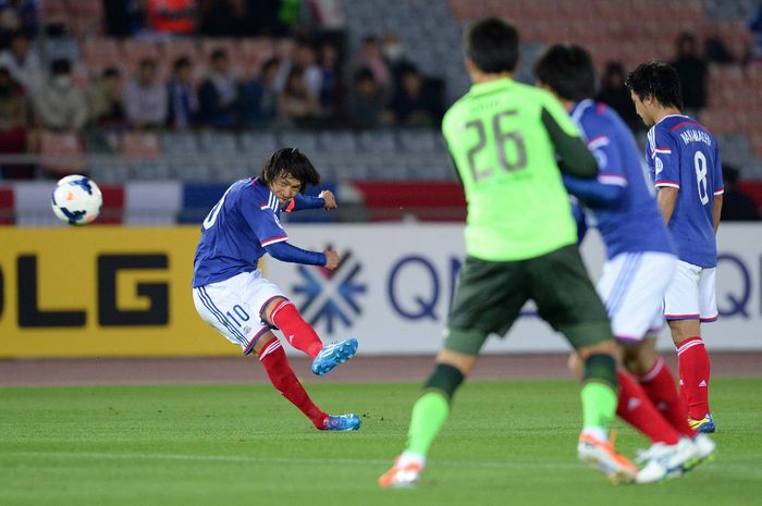 Legenda timnas Jepang, Shunsuke Nakamura saat tampil membela Yokohama F Marinos di Liga Champions Asia (15/4/2014).