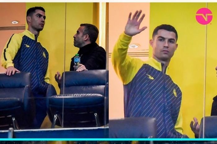 Cristiano Ronaldo hadir di tribune untuk menyaksikan duel Al Nassr vs Al Tai pada lanjutan Liga Arab Saudi (6/1/2023).