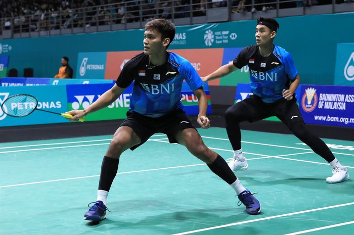 Pasangan ganda putra Indonesia, Muhammad Shohibul Fikri/Bagas Maulana, saat tampil di Malaysia Open 2023.