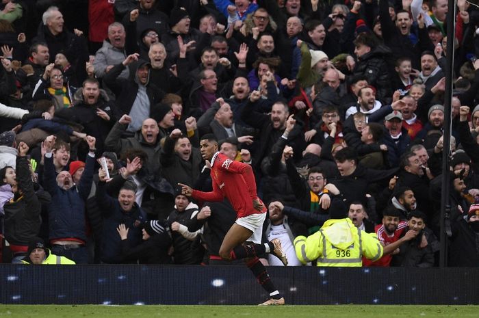 Selebrasi Marcus Rashford saat mencetak gol ke gawang Manchester City pada pekan ke-20 Liga Inggris musim 2022-2023, Sabtu (14/1/2023) pukul 19.30 WIB.