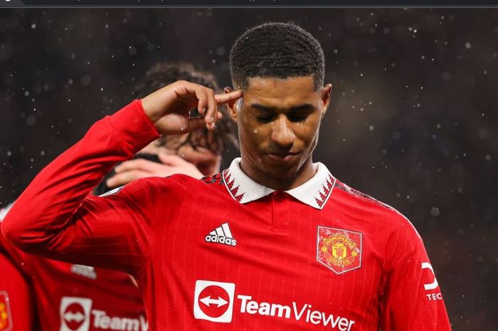 Selebrasi Marcus Rashford usai menjebol gawang Manchester City dalam lanjutan Liga Inggris 2022-2023