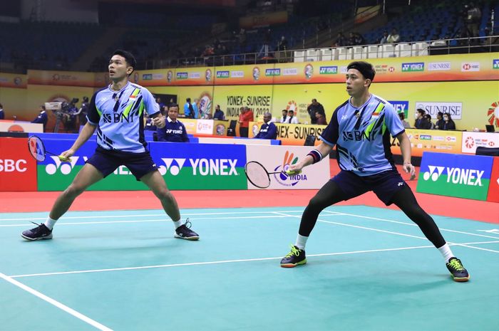 Pasangan ganda putra Indonesia, Fajar Alfian/Muhammad Rian Ardianto, pada babak pertama India Open 2023 di KD Jadhav Indoor Hall, New Delhi, Rabu (18/1/2023).