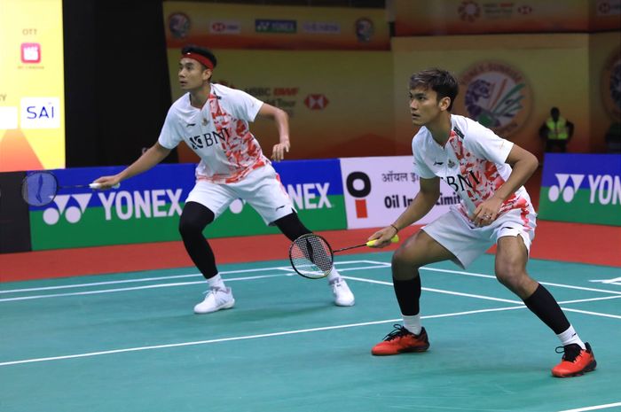 Aksi ganda putra Indonesia, Muhammad Shohibul Fikri/Bagas Maulana pada babak kedua India Open 2023, Kamis (19/1/2023)