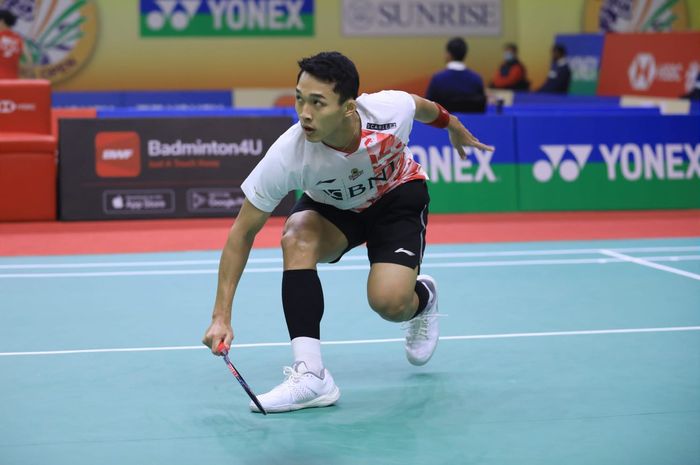 Tunggal putra Indonesia, Jonatan Christie saat berlaga pada babak kedua India Open 2023, Kamis (19/1/2023)