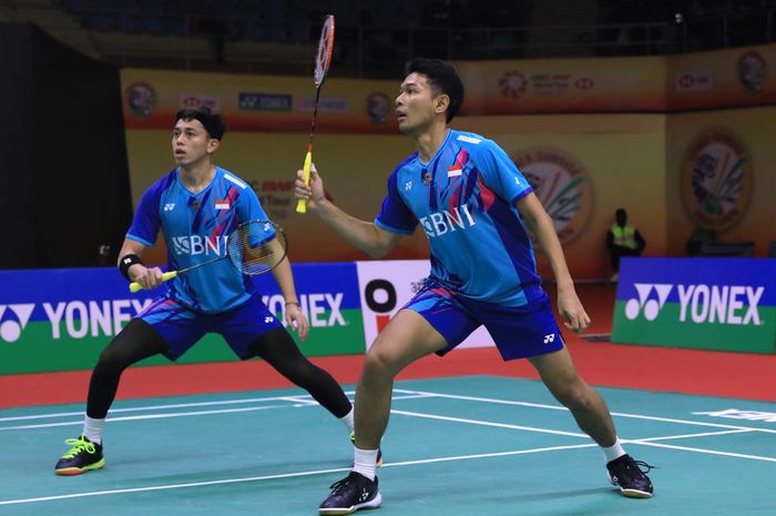 Ganda putra Indonesia, Fajar Alfian/Muhammad Rian Ardianto saat tampil pada babak kedua India Open 2023, Kamis (19/1/2023)