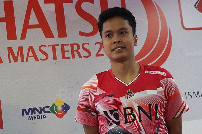 Tunggal putra Indonesia, Anthony Sinisuka Ginting, pada konferensi pers pasca babak pertama Indonesia Masters 2023 di Istora Senayan, Jakarta, Rabu (23/1/2023).