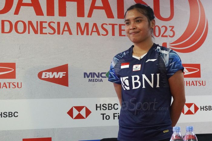 Tunggal putri Indonesia, Gregoria Mariska Tunjung, pada konferensi pers pasca laga babak pertama Indonesia Masters 2023 di Istora Senayan, Jakarta, Rabu (25/1/2023).