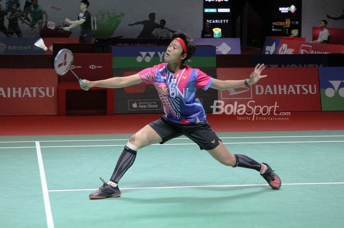 Tunggal putri tanah air, Putri Kusuma Wardani, saat tampil melawan Aya Ohori (Jepang) pada babak pertama Indonesia Masters 2023 di Istora Senayan, Jakarta, Rabu (25/1/2023).