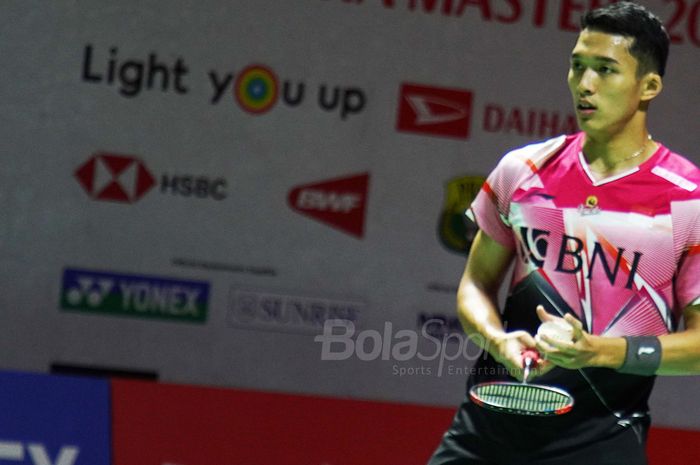 Tunggal putra Indonesia, Jonatan Christie pada pertandingan babak 16 besar Indonesia Masters 2023 di Istora Gelora Bung Karno, Senayan, Jakarta Pusat, Kamis (26/1/2023)