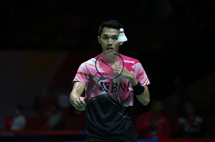 Pebulu tangkis tunggal putra Indonesia, Jonatan Christie, pada babak perempat final Indonesia Masters 2023 di Istora Senayan, Jakarta, Jumat (27/1/2023).