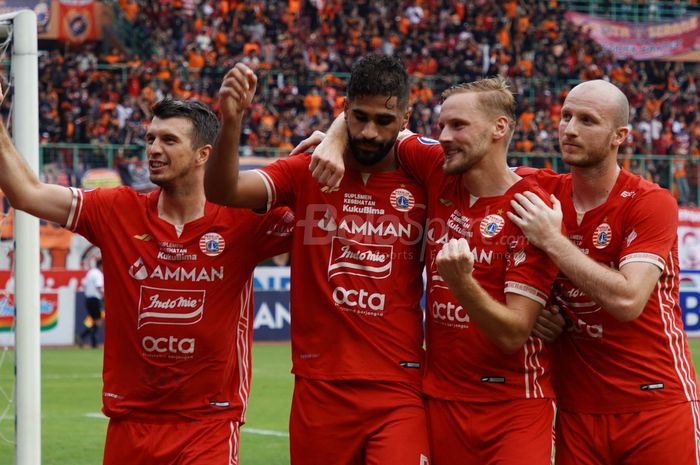 Selebrasi gol pemain Persija Jakarta ke gawang Persikabo 1973 di Stadion Patriot, Bekasi, Jawa Barat, Minggu (29/1/2023)  