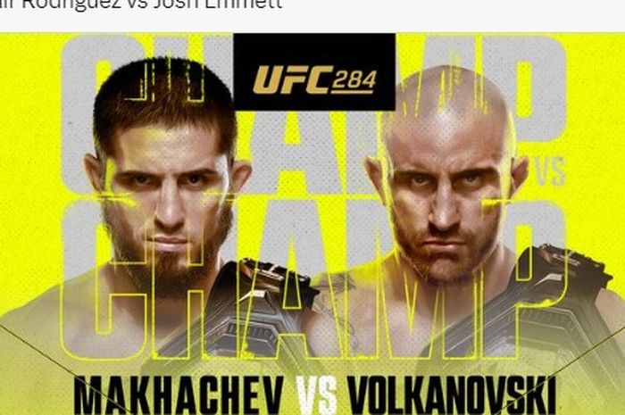 Poster pertarungan acara utama UFC 284 antara Islam Makhachev vs Islam Volkanovski pada 12 Februari nanti di Australia.