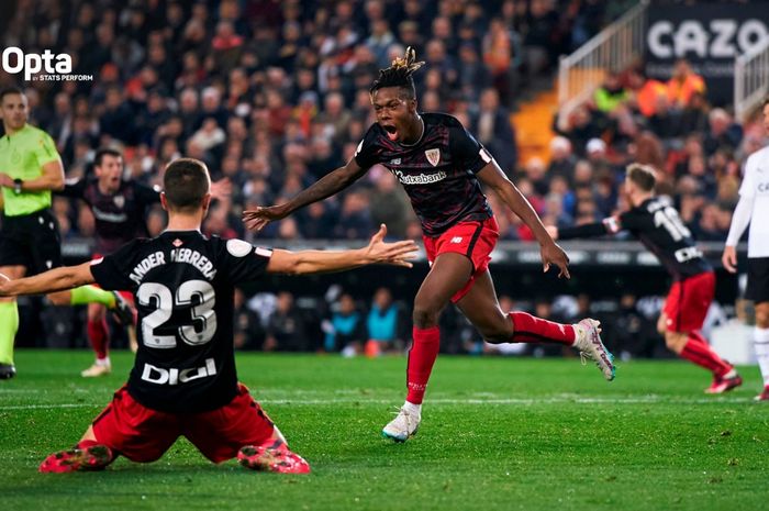 Winger Athletic Club, Nico Williams, merayakan gol ke gawang Valencia dalam jornada 21 Liga Spanyol 2022-2023 di Estadio Mestalla, Sabtu (11/2/2023).