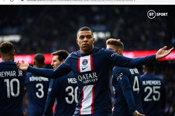 Selebrasi Kylian Mbappe usai mencetak gol pertama Paris Saint-Germain ke gawang Lille dalam lanjutan Liga Prancis 2022-2023.