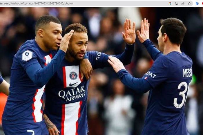 Trio penyerang Paris Saint-Germain (dari kanan ke kiri): Lionel Messi, Neymar Junior, dan Kylian Mbappe.