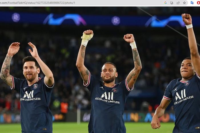 Trio penyerang Paris Saint-Germain (dari kiri ke kanan): Lionel Messi, Neymar Junior, dan Kylian Mbappe.