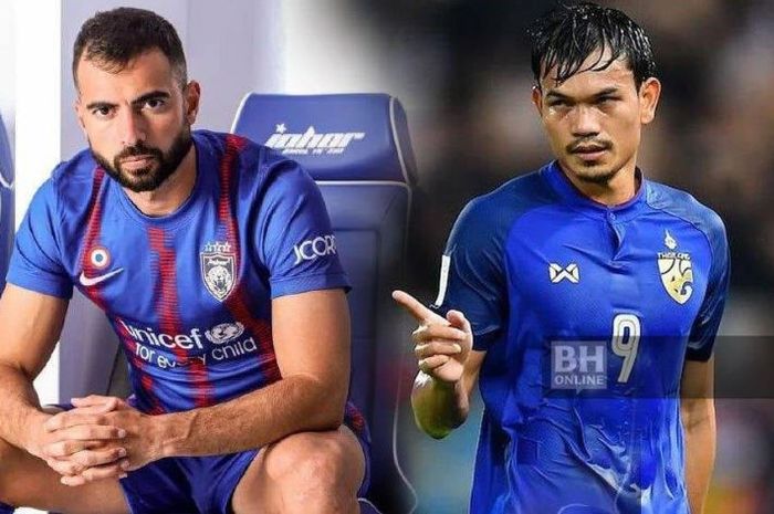 Bek Timnas Indonesia Jordi Amat (kiri) dan striker Timnas Thailand Adisak Kraisorn.