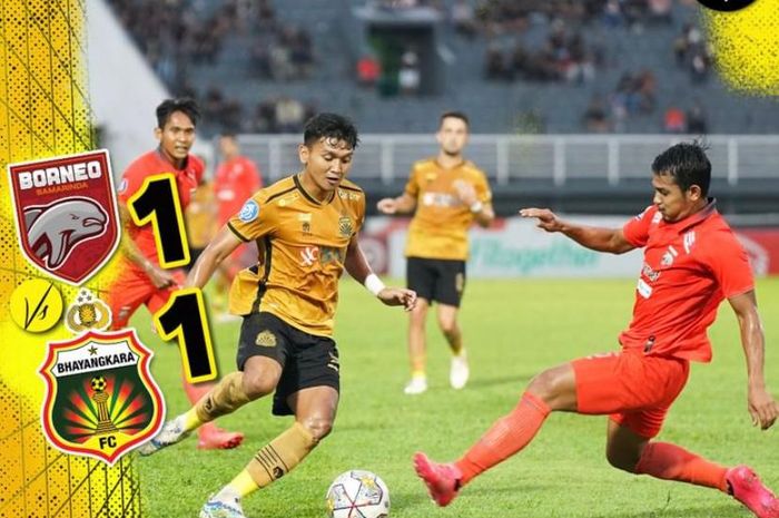 Laga pekan ke-27 Borneo FC Samarinda vs Bhayangkara FC dalam pekan ke-27 Liga 1 di Stadion Segiri, Samarinda, Kalimantan Timur, Sabtu (25/2/2023).