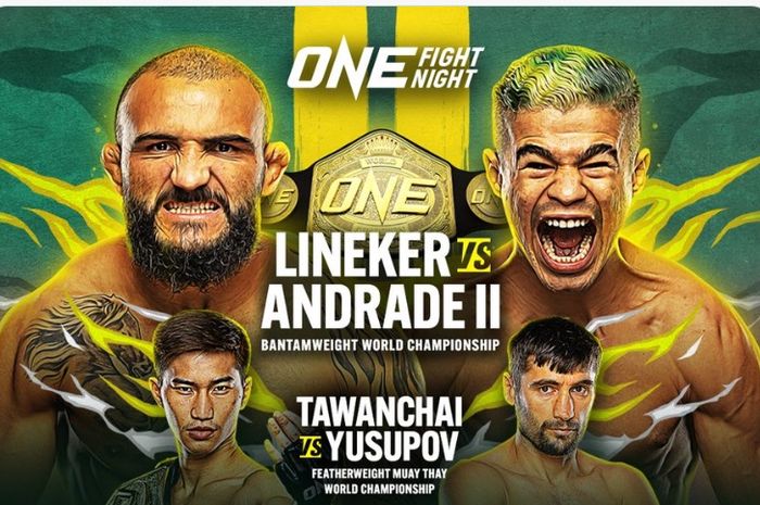 Poster ONE Fight Night 7 dengan laga utama John Lineker melawan Fabricio Andrade dalam perebutan sabuk juara kelas bantam ONE Championship.