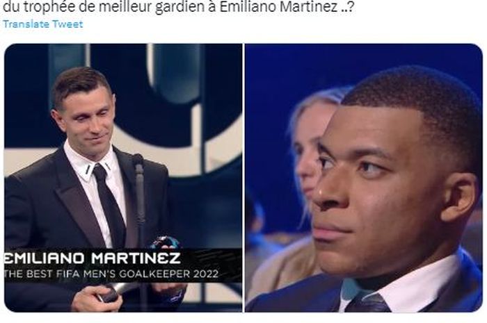 Ekspresi Kylian Mbappe saat melihat Emiliano Martinez menerima penghargaan Kiper Terbaik FIFA 2022