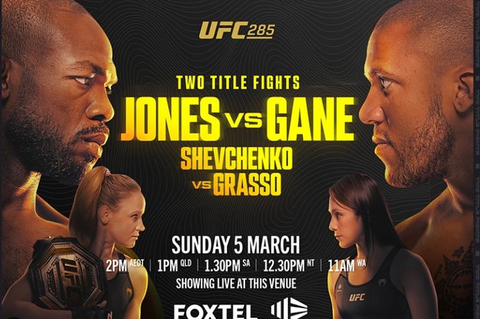 Poster UFC 285 yang menggelar perebutan sabuk juara kelas berat antara Jon Jones melawan Ciryl Gane.