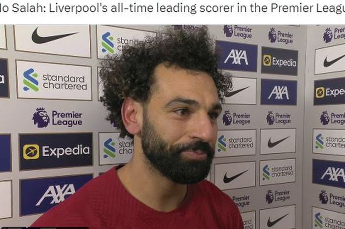 Winger Liverpool, Mohamed Salah, berbicara seusai laga Liga Inggris kontra Manchester United di Stadion Anfield, Minggu (5/3/2023). Mo Salah paling suka gol ke-6 Liverpool. Man United tertinggal 14 poin.