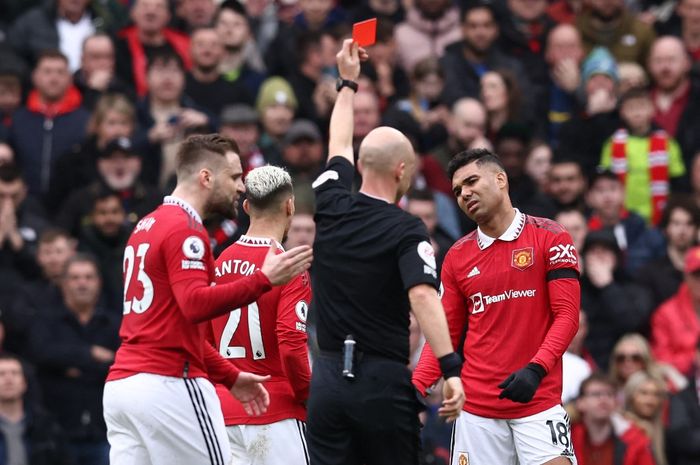 Casemiro mendapatkan kartu merah dalam duel Manchester United kontra Southampton pada pekan ke-27 Liga Inggris 2022-2023.