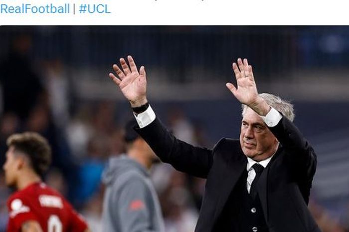 Ekspresi pelatih Real Madrid, Carlo Ancelotti, seusai laga leg kedua babak 16 besar Liga Champions kontra Liverpool di Stadion Santiago Bernabeu, Rabu (15/3/2023).