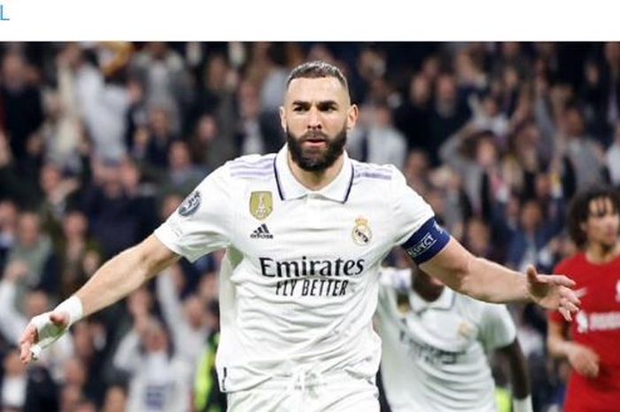 Striker Real Madrid, Karim Benzema, merayakan gol ke gawang Liverpool dalam laga leg kedua babak 16 besar Liga Champions di Stadion Santiago Bernabeu, Rabu (15/3/2023).