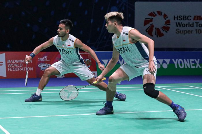 Pasangan ganda putra Indonesia, Pramudya Kusuma Wardana/Yeremia Erich Yoche Yacob Rambitan, saat tampil pada babak pertama All England Open 2023 di Utilita Arena Birmingham, Inggris, Rabu (15/3/2023).