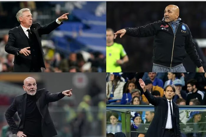 Jelang drawing Liga Champions, 4 pelatih Italia kuasai perempat final. Searah jarum jam: Luciano Spalletti (Napoli), Simone Inzaghi (Inter Milan), Stefano Pioli (AC Milan), Carlo Ancelotti (Real Madrid.