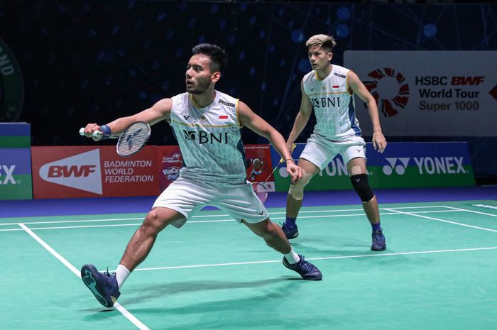 Pasangan ganda putra Indonesia, Pramudya Kusumawardana/Yeremia Erich Yoche Yacob Rambitan, pada babak pertama All England Open 2023 di Utilita Arena, Birmingham, Inggris, Rabu (15/3/2023).