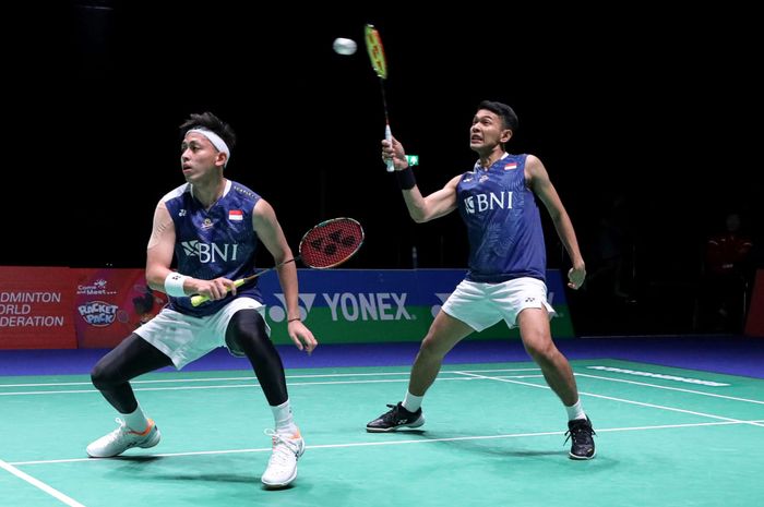 Pasangan ganda putra Indonesia, Fajar Alfian/Muhammad Rian Ardianto, pada babak kedua All England Open 2023 di Utilita Arena, Birmingham, Inggris, Rabu (15/3/2023).