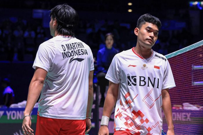 Pasangan ganda putra Indonesia, Leo Rolly Carnando/Daniel Marthin, pada babak perempat final All England Open 2023 di Utilita Arena, Birmingham, Inggris, Jumat (17/3/2023).